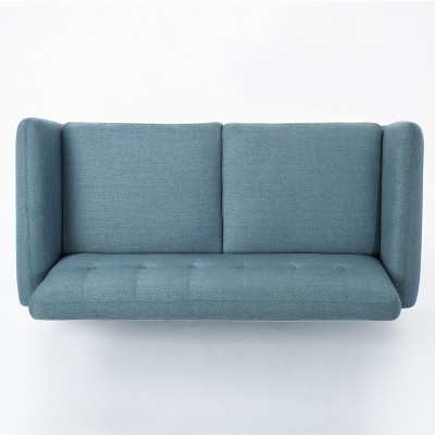 Mid-Century Blue Tufted Fabric Sofa with Wood Legs