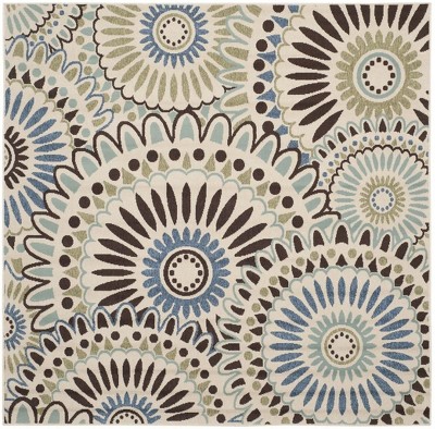 Cream and Blue Geometric Square Indoor/Outdoor Rug