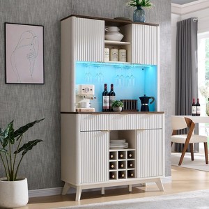 SinCiDo Modern 72" Tall Storage Hutch Wine Bar Cabinet, Fluted Coffee Bar w/LED Lights, 10 Tier Storage Shelf & 9 Grid Wine Glass Rack - 1 of 4