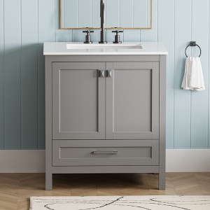 FAMYYT 30 in. Single Sink Freestanding Gray Bath Vanity with White Marble Top, Open Back for Plumbing, Fully Assembled - 1 of 4