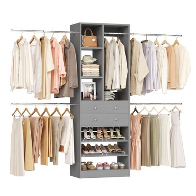 Besiost Wooden Closet System with Shoes Shelf and Drawer, Closet Organizer Storage with Drawer