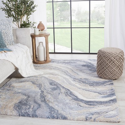 Orion Abstract Blue and Light Gray Shag Area Rug 5' x 7'
