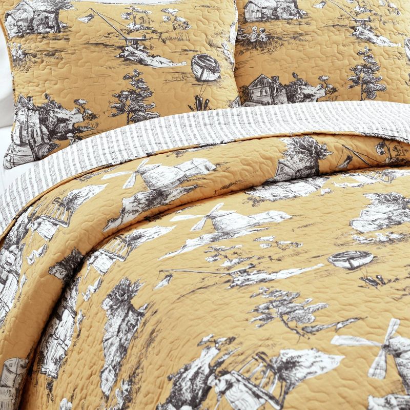 King 3pc French Country Toile Cotton Reversible Quilt Set Yellow/White - Lush D&#233;cor, 4 of 11