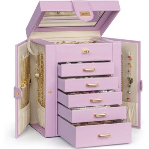 Leather Jewelry Box with Mirror - Multi-Compartment Organizer for Rings & Necklaces, Black - 1 of 4