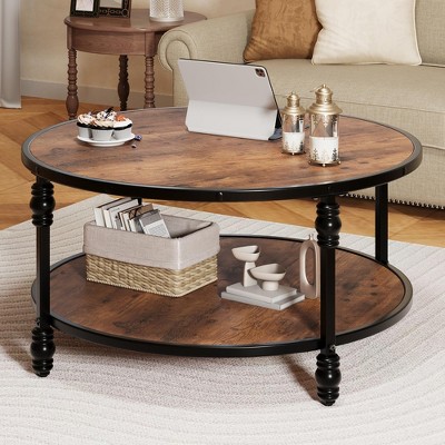 Round Coffee Table for Living Room Rustic Center Table with Storage Shelf Wood Circle Coffee Table