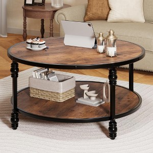 Round Coffee Table for Living Room Rustic Center Table with Storage Shelf Wood Circle Coffee Table - 1 of 4