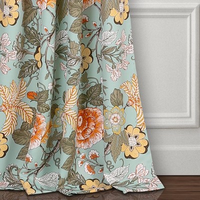 Sydney Blue Green Floral Blackout Polyester Curtain Panels, Set of 2
