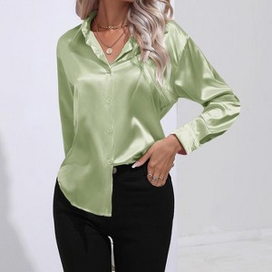 Women's Long Sleeve Shirt Casual Lapel Collar Button Down Blouse - 1 of 4
