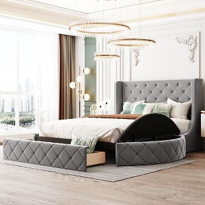 Queen Velvet Platform Bed with Wingback Headboard, Storage Platform Bed Frame with Drawer and 2 Side Storage Stool - 1 of 4