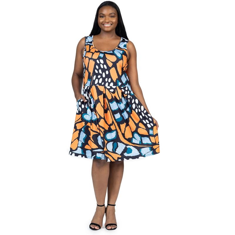 24seven Comfort Apparel Orange Butterfly Print Plus Size Sleeveless Pleated Knee Length Pocket Dress, 5 of 7