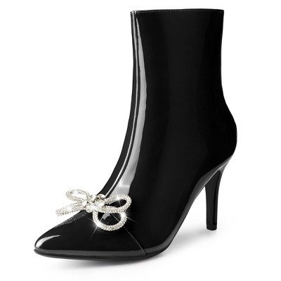 Perphy Women's Bow Rhinestone Pointy Toe Stiletto Heels Ankle Boots