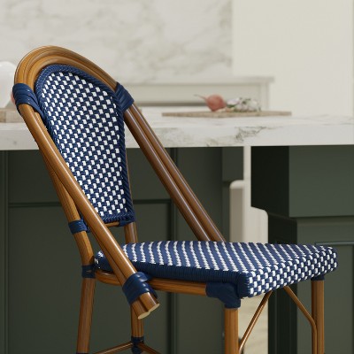 Navy and White PE Rattan Bistro Counter Stools with Bamboo Metal Frame, Set of Two