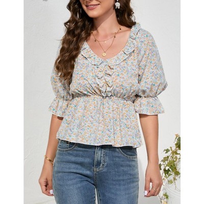 Women's V Neck Half Lantern Sleeve Shirts Babydoll Tops Blouse Casual Tunic Tops