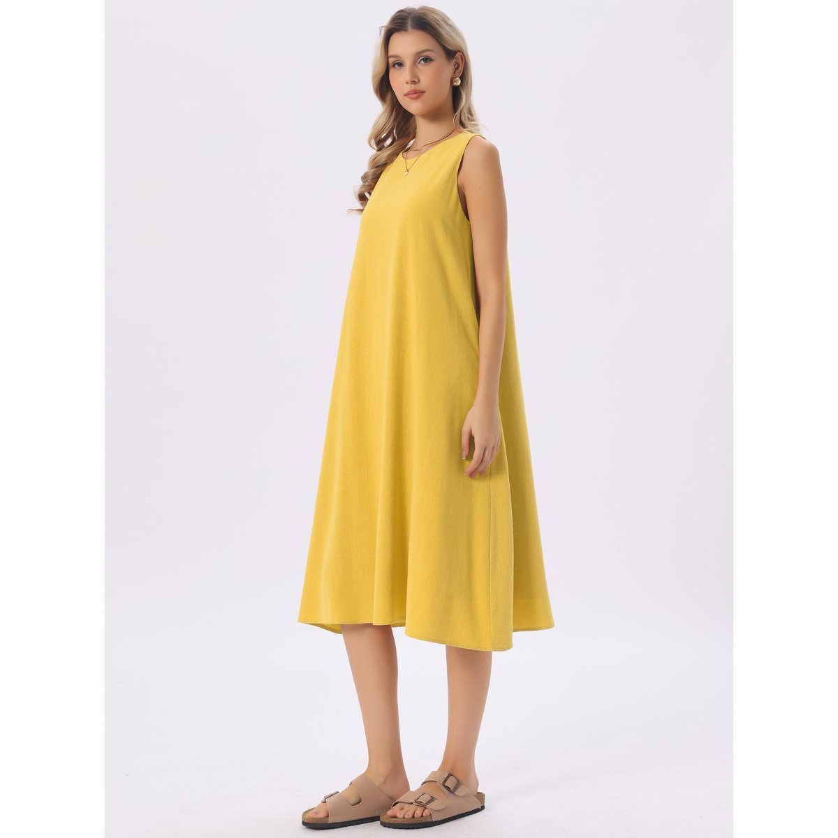 Женские платья INSPIRE CHIC Women's Linen Sleeveless Crew Neck Shift with Pockets Casual Midi Dress Large Yellow — фото 4