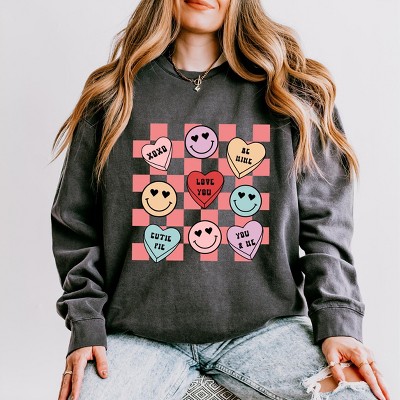 Simply Sage Market Women's Lightweight Garment Dyed Graphic Sweatshirt Candy Heart Smile Solid