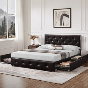 Yaheetech Upholstered Faux Leather Bed Frame with Adjustable Headboard - 1 of 4