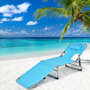 Costway Outdoor Beach Lounge Chair Folding Chaise Lounge with Pillow Blue\Blue&Green\Black\Grey\Turquoise\Pink\Beige\Light Pink - 1 of 4
