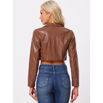 INSPIRE CHIC Women's Faux Leather One Button Lapel Collar Cropped Moto PU Jackets Medium Burgundy — фото 4