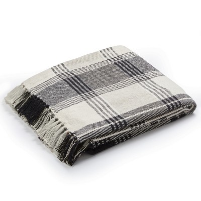 Americanflat 100% Cotton Throw Blanket for Couch - 50x60 -  Rustic Cream Throw Blanket for Bed, Sofa or Chair [Beige Black Plaid]
