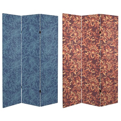 6" Double Sided Floral Wallpaper Canvas Room Divider - Oriental Furniture