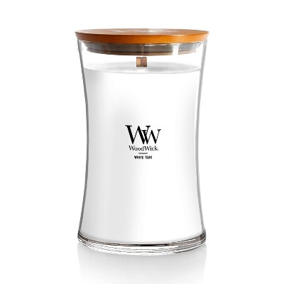 21.5oz Large Hourglass Jar Candle White Teak - WoodWick: Soy & Paraffin Blend, Crackling Wick, 120hr Burn Time