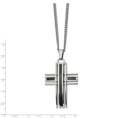 Chisel Stainless Steel with Black Carbon Fiber Inlay Cross Pendant on a 24" Curb Chain Necklace