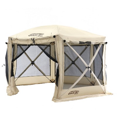 CLAM Quick-Set Pavilion 12.5 x 12.5 Foot Portable Pop-Up Outdoor Camping Gazebo Screen Tent 6 Sided Canopy Shelter w/ Ground Stakes & Carry Bag, Tan