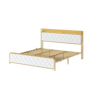 King Size Platform Bed Frame with Charging Station and LED Lights, King Bed Frame with Velvet Storage Headboard, Noise Free - 1 of 4
