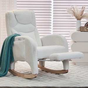 Cotton Linen/Teddy Fabric Nursery Rocking Chair, Upholstered Accent Chair With Adjustable Footrest 4W -ModernLuxe - 1 of 4