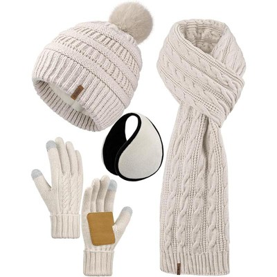 ZUPPAD 4-in-1 Women Winter Beanie Hat Scarf Touchscreen Gloves Ear Warmer Set Fleece Lined Warm Knit Skull Cap with Pom Pom