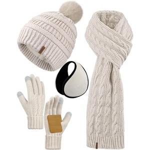 ZUPPAD 4-in-1 Women Winter Beanie Hat Scarf Touchscreen Gloves Ear Warmer Set Fleece Lined Warm Knit Skull Cap with Pom Pom - 1 of 4