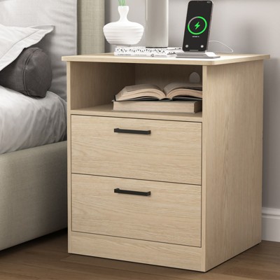 CIPACHO Natural Wooden Night Stand with Charger Station USB-C AC Ports 2 Drawers Open Storage