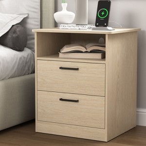 CIPACHO Natural Wooden Night Stand with Charger Station USB-C AC Ports 2 Drawers Open Storage - 1 of 4