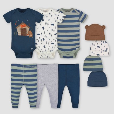 Gerber Baby Girls' 10pk Bear Top and Bottom Set with Cap - White/Navy Blue/Forest Green 0-3M