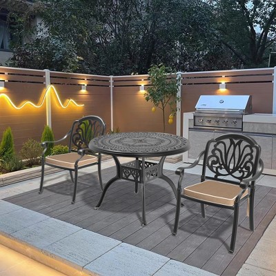 Akoasm 3-Pieces Aluminum Patio Dining Coffee Table Set With Umbrella Hole, Brown Cushions-Black