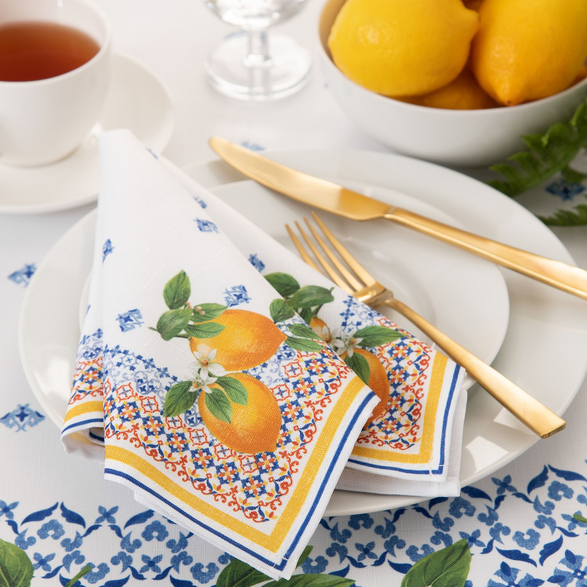 Capri Lemon Double Border Napkin Set of 4 - Multicolor - 17x17 - Elrene Home Fashions