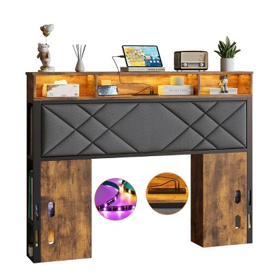 Full Size Bed Headboard with Wood Bookcase, Charging Station, LED Light, Adjustable Height, Rustic Brown and Black