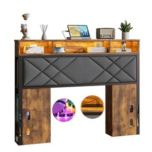 Full Size Bed Headboard with Wood Bookcase, Charging Station, LED Light, Adjustable Height, Rustic Brown and Black - 1 of 4