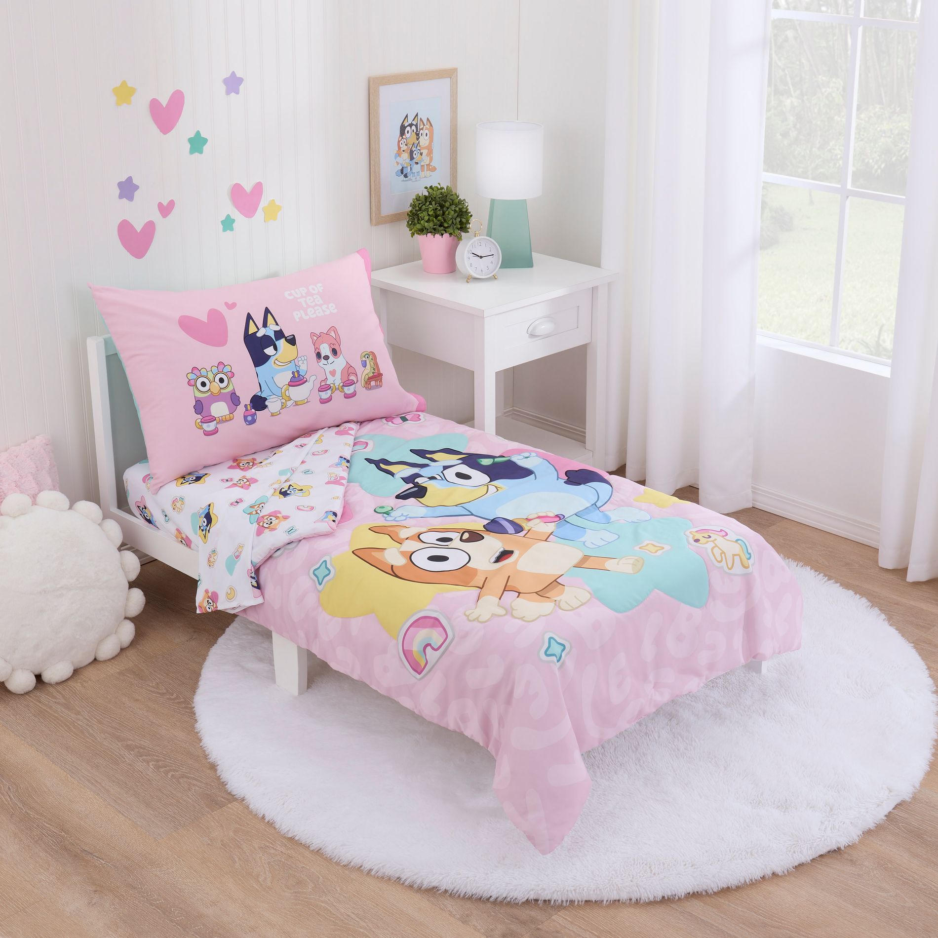 NoJo Bluey Best Day Ever 4 Piece Toddler Bed Set - Comforter, Fitted Bottom Sheet, Flat Top Sheet, Reversible Pillowcase, Pink & Aqua