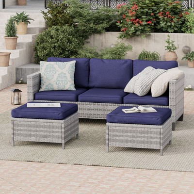 Sonkuki 3-Seater Patio Sofa Set Brown/Gray Rattan with Ottomans