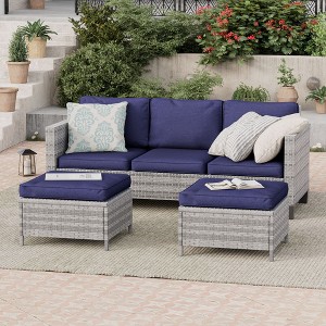 Sonkuki 3-Seater Patio Sofa Set Brown/Gray Rattan with Ottomans - 1 of 4