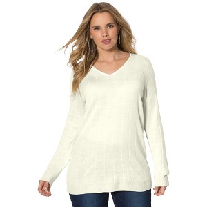Roaman's Plus Size Drop Needle V-Neck Lightweight Sweater Knit - 1 of 4