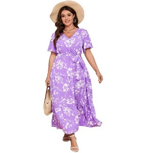 BLUEMING Summer Maxi Dress for Plus Size Women Tie Wasit Surplice Dress Flutter Sleeve A-Line Dress - 1 of 4