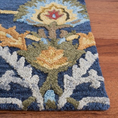 Handmade Navy Wool Runner Rug with Floral Pattern