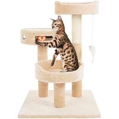 PETMAKER 3 Level Cat Tree with 2 Hanging Toys, Scratching Post and 3 Ball Play Area in Tan, 27.5" H