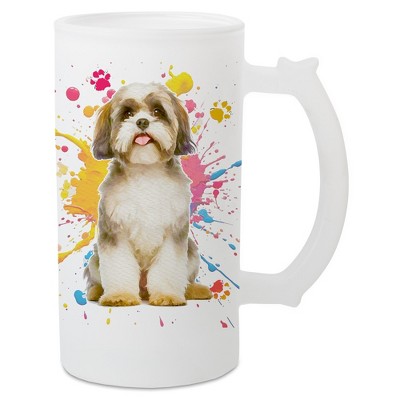 100 North Freezable Beer Stein Mug With Thumb Grip Handle, 16 Ounce Frosted Glass, Shih Tzu Dog Paint Splatter