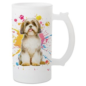 100 North Freezable Beer Stein Mug With Thumb Grip Handle, 16 Ounce Frosted Glass, Shih Tzu Dog Paint Splatter - 1 of 4