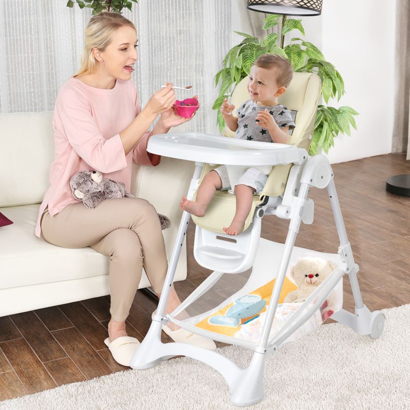 Infans Baby Convertible Folding Adjustable High Chair w/Wheel Tray Storage Basket Beige, 2 of 8