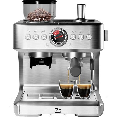 20 Bar espresso machine with 96 oz removable water tank, grinder, and milk frother; ideal for cappuccinos and lattes. Sleek silver design.