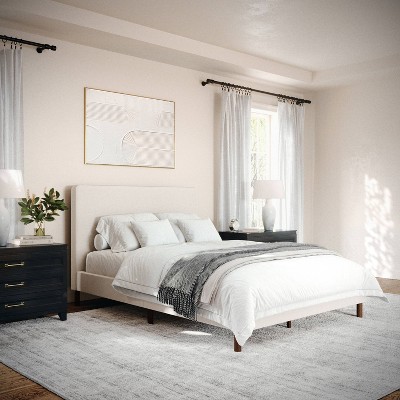 Beige Full Linen Upholstered Platform Bed with Walnut Legs